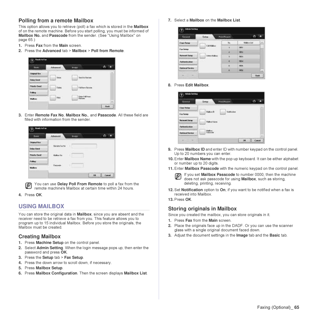 Samsung SCX-6555N Series Using Mailbox, Polling from a remote Mailbox, Creating Mailbox, Storing originals in Mailbox 