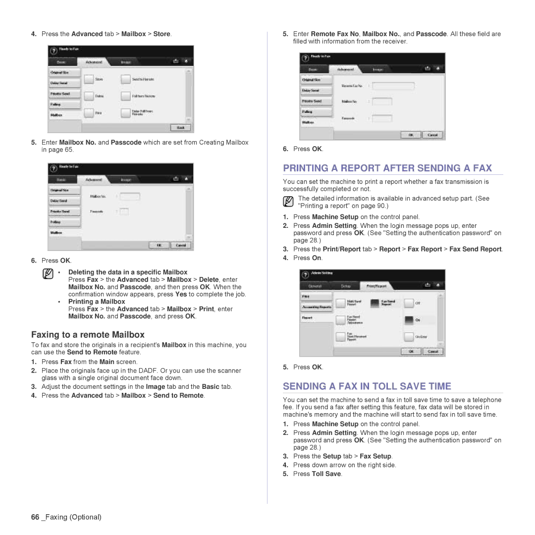 Samsung SCX-6555N Series manual Printing a Report After Sending a FAX, Sending a FAX in Toll Save Time 