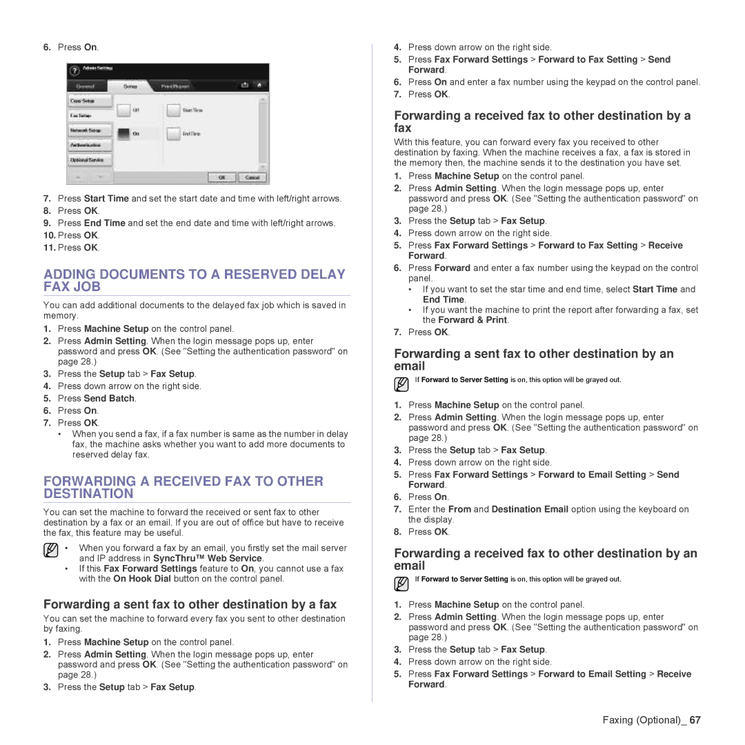 Samsung SCX-6555N Series Adding Documents to a Reserved Delay FAX JOB, Forwarding a Received FAX to Other Destination 