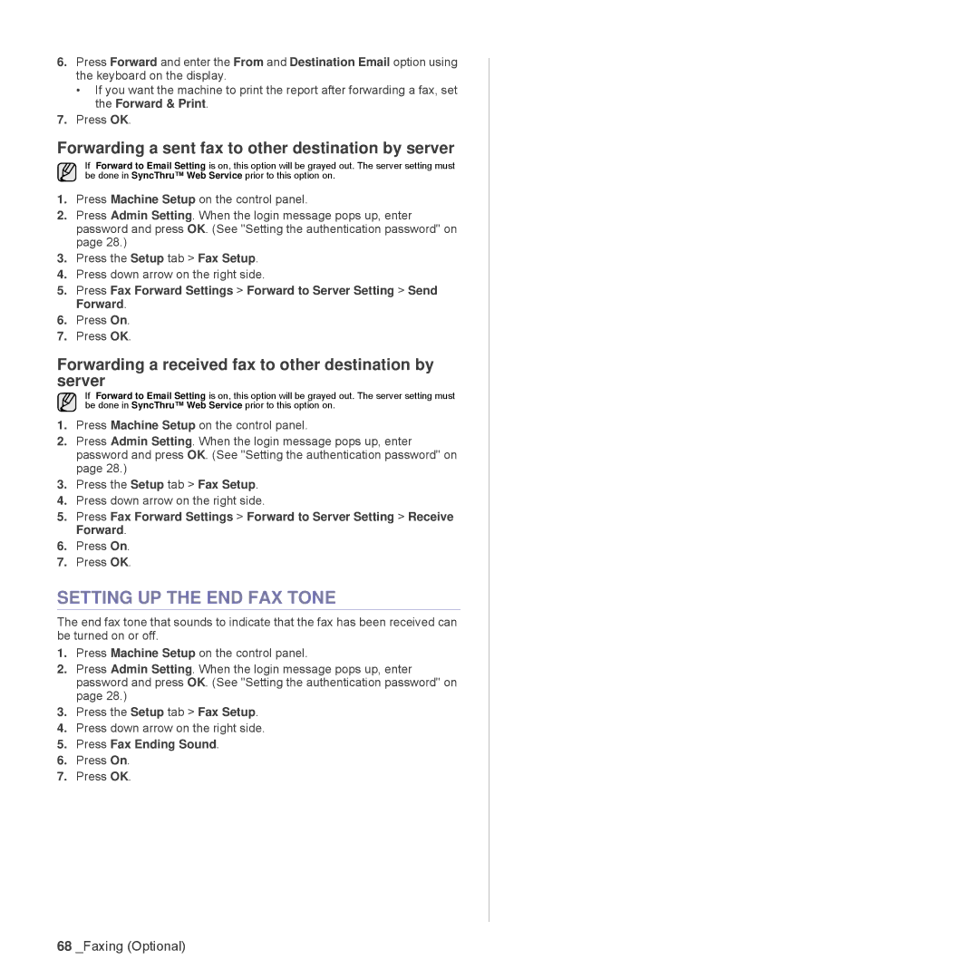 Samsung SCX-6555N Series manual Setting UP the END FAX Tone, Forwarding a sent fax to other destination by server 