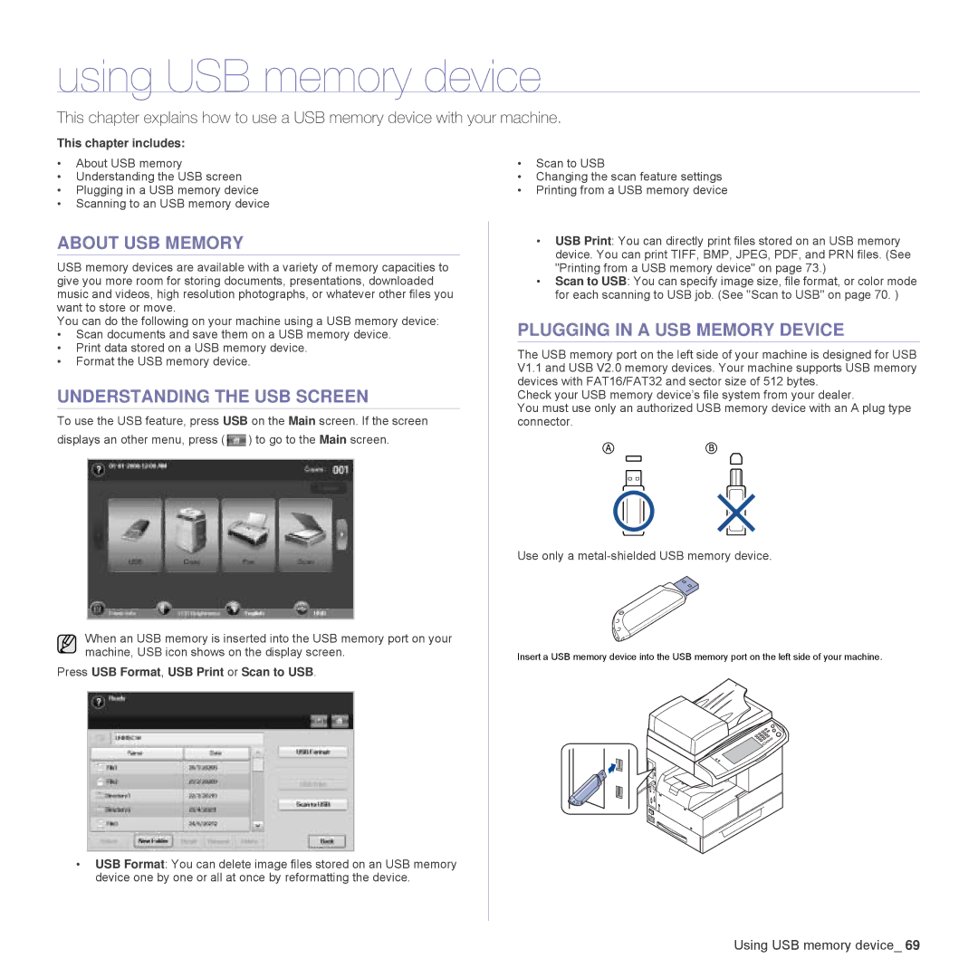 Samsung SCX-6555N Series manual Using USB memory device, About USB Memory, Understanding the USB Screen 