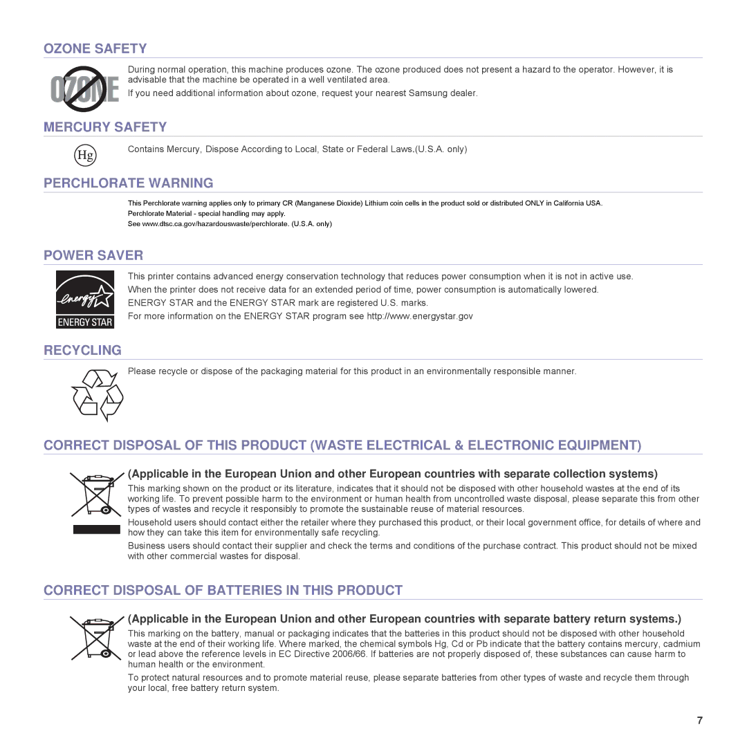 Samsung SCX-6555N Series manual Ozone Safety, Mercury Safety, Perchlorate Warning, Power Saver, Recycling 