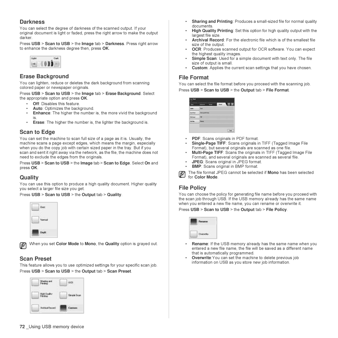 Samsung SCX-6555N Series manual File Policy, Press USB Scan to USB the Output tab Quality 