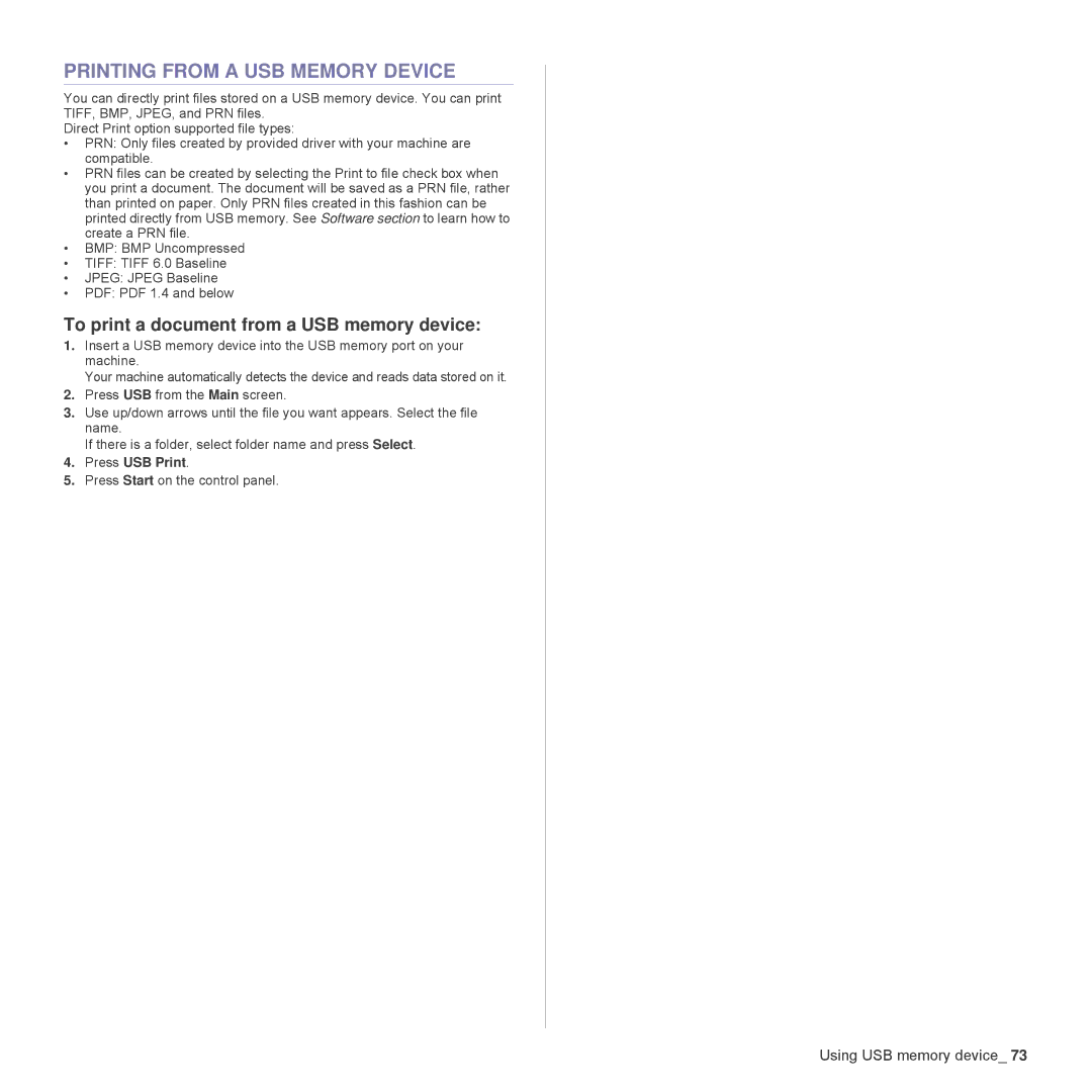 Samsung SCX-6555N Series Printing from a USB Memory Device, To print a document from a USB memory device, Press USB Print 