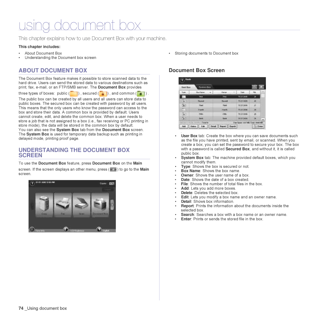 Samsung SCX-6555N Series manual Using document box, About Document BOX, Understanding the Document BOX Screen 