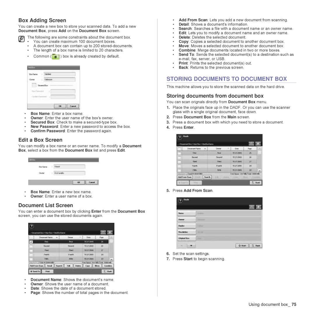 Samsung SCX-6555N Series Storing Documents to Document BOX, Box Adding Screen, Edit a Box Screen, Document List Screen 