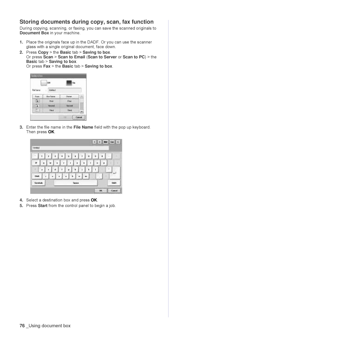 Samsung SCX-6555N Series manual Storing documents during copy, scan, fax function 