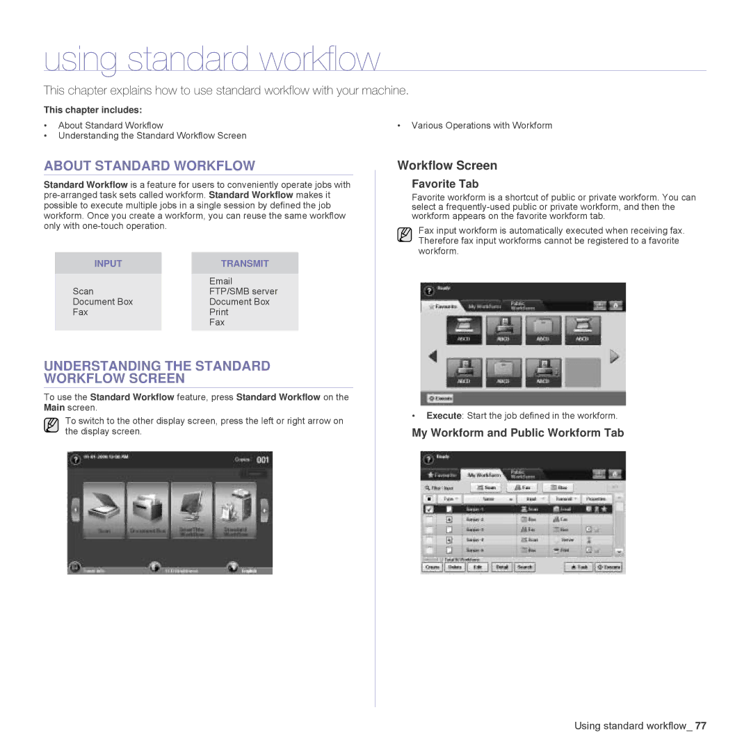 Samsung SCX-6555N Series Using standard workflow, About Standard Workflow, Understanding the Standard Workflow Screen 