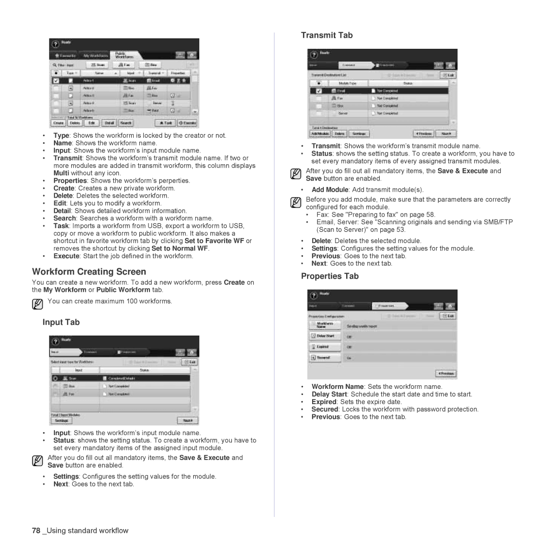 Samsung SCX-6555N Series manual Workform Creating Screen, Input Tab, Transmit Tab, Properties Tab 