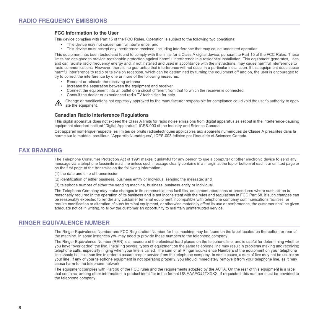 Samsung SCX-6555N Series Radio Frequency Emissions, FAX Branding, Ringer Equivalence Number, FCC Information to the User 