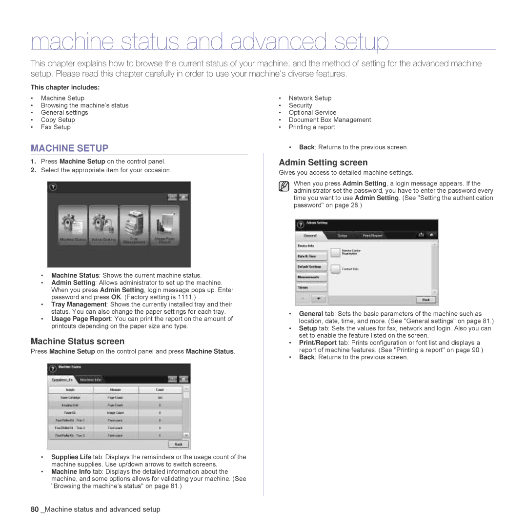 Samsung SCX-6555N Series Machine status and advanced setup, Machine Setup, Machine Status screen, Admin Setting screen 