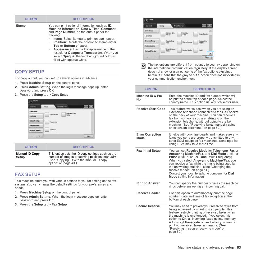 Samsung SCX-6555N Series manual Copy Setup, FAX Setup 