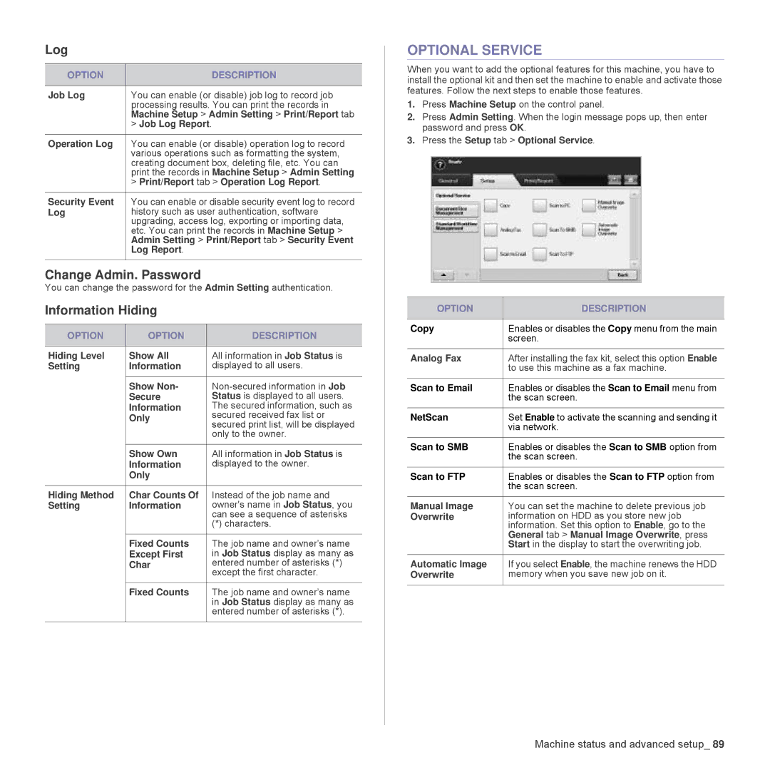 Samsung SCX-6555N Series manual Optional Service, Log, Change Admin. Password, Information Hiding 