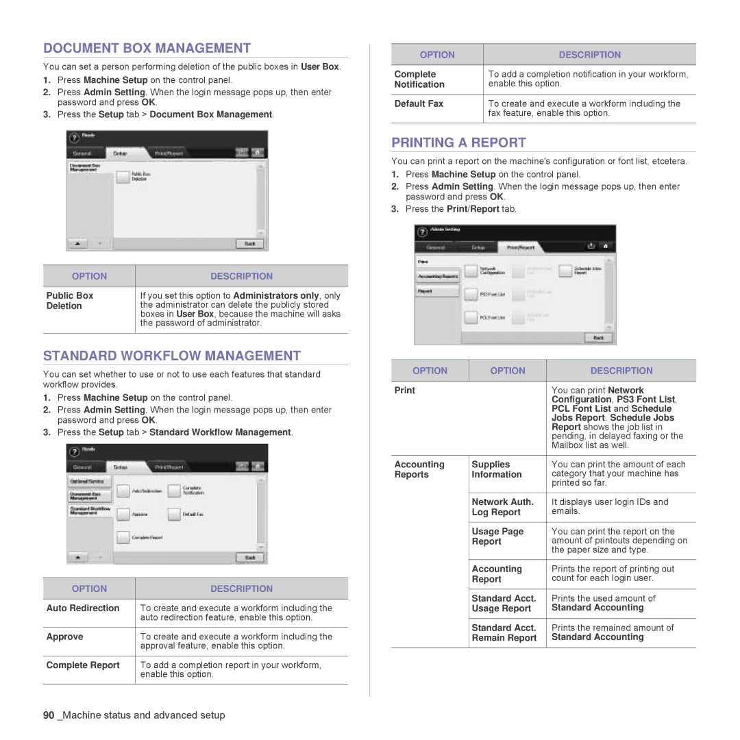 Samsung SCX-6555N Series manual Document BOX Management, Standard Workflow Management, Printing a Report 