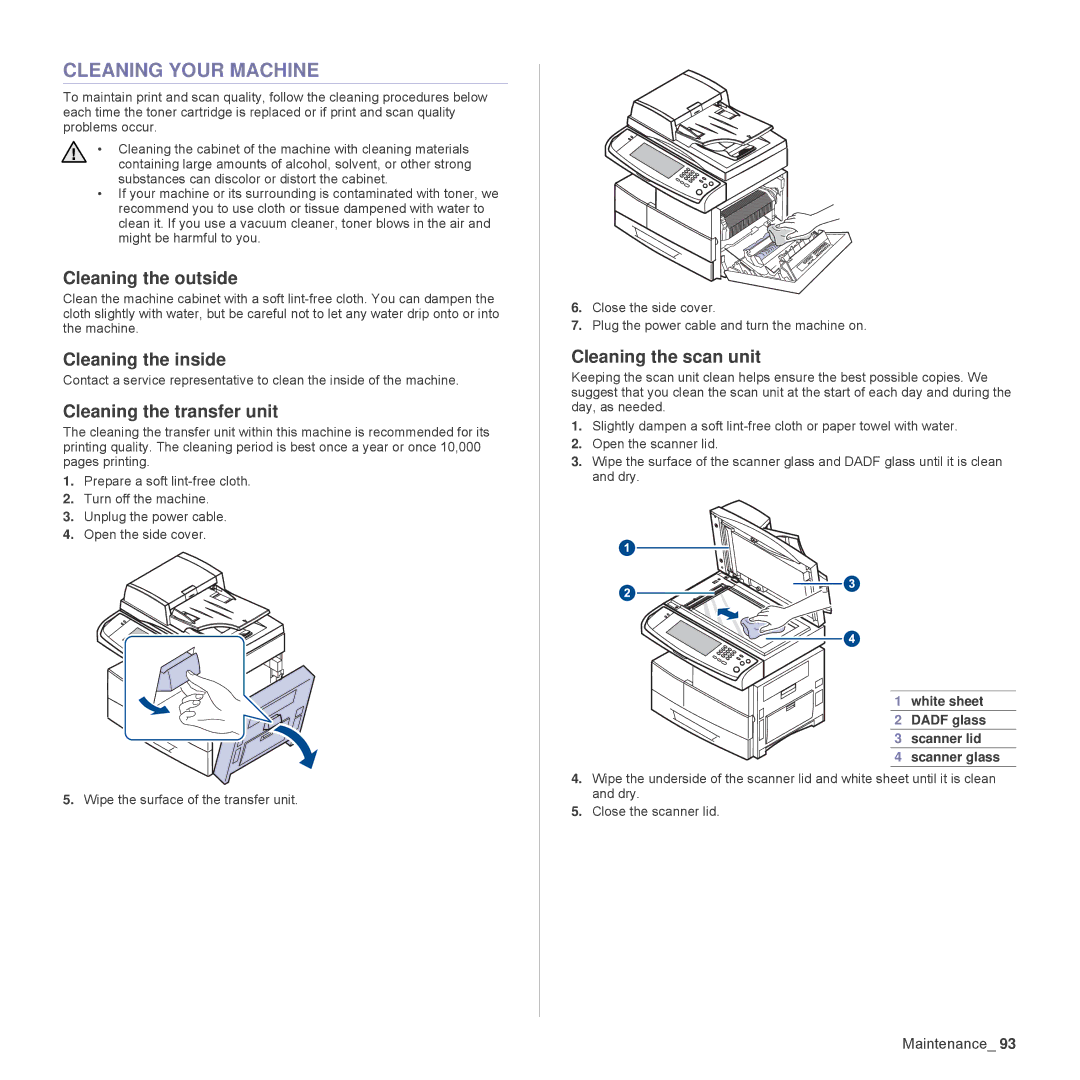 Samsung SCX-6555N Series Cleaning Your Machine, Cleaning the outside, Cleaning the inside, Cleaning the transfer unit 