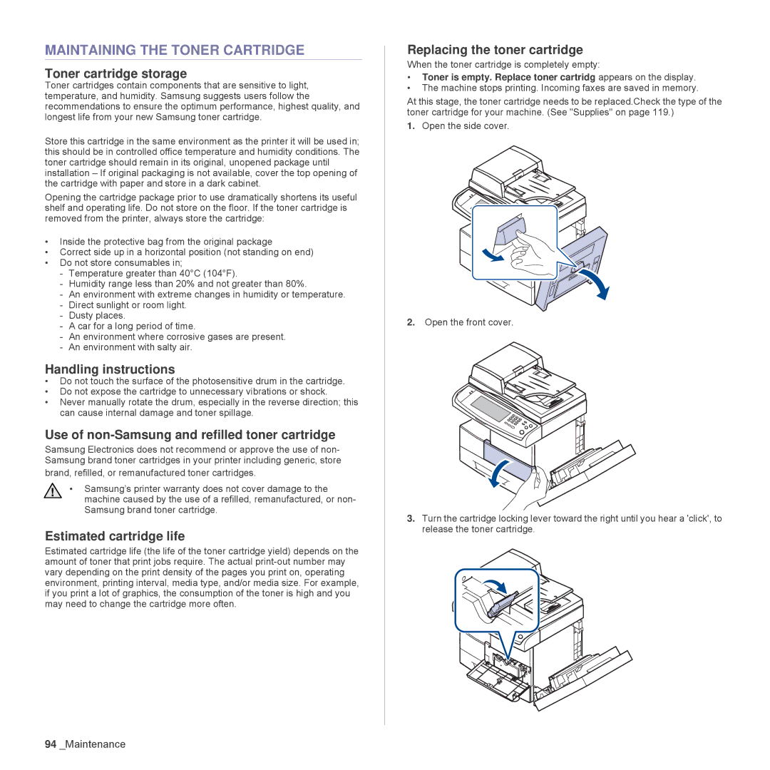 Samsung SCX-6555N Series manual Maintaining the Toner Cartridge 