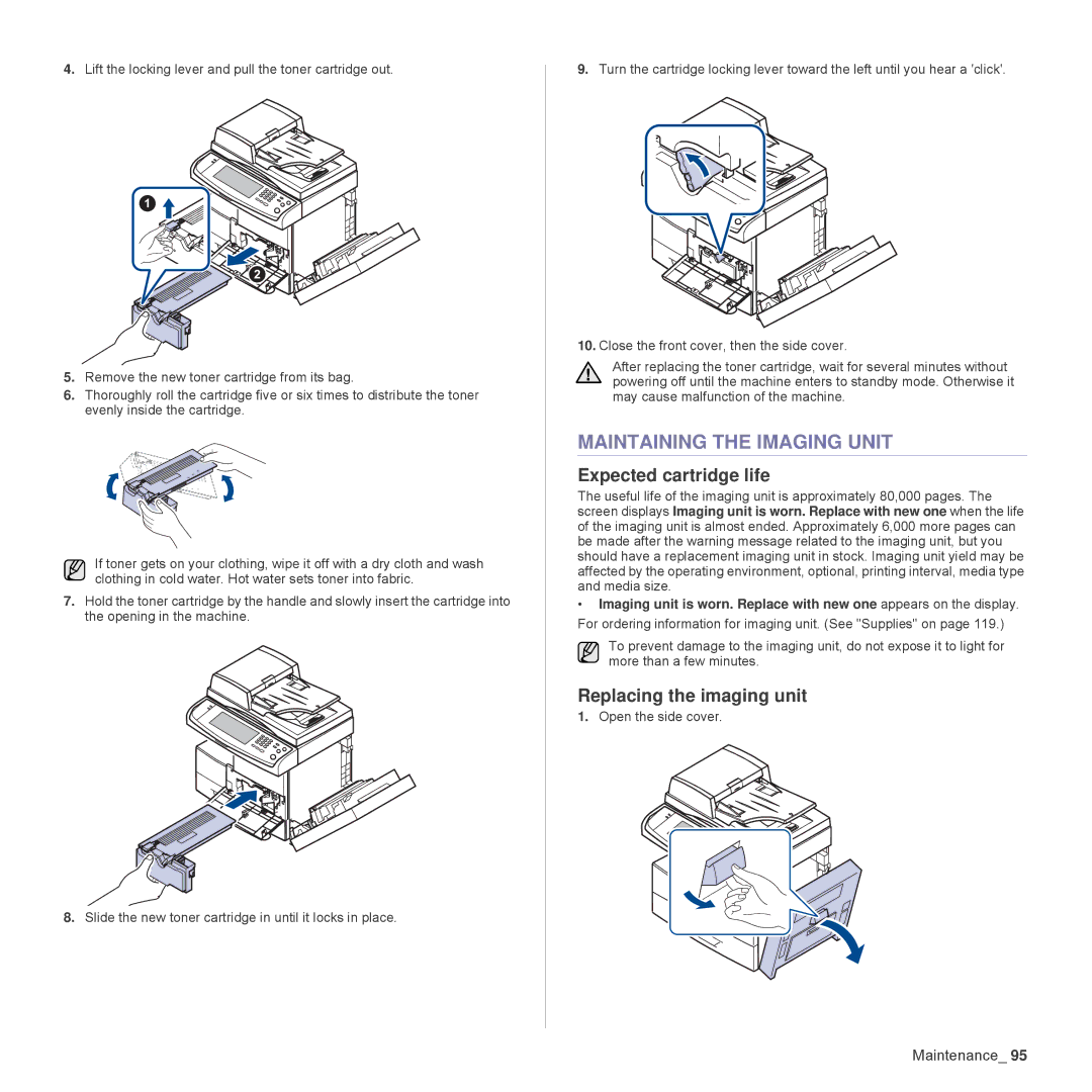 Samsung SCX-6555N Series manual Maintaining the Imaging Unit, Expected cartridge life, Replacing the imaging unit 