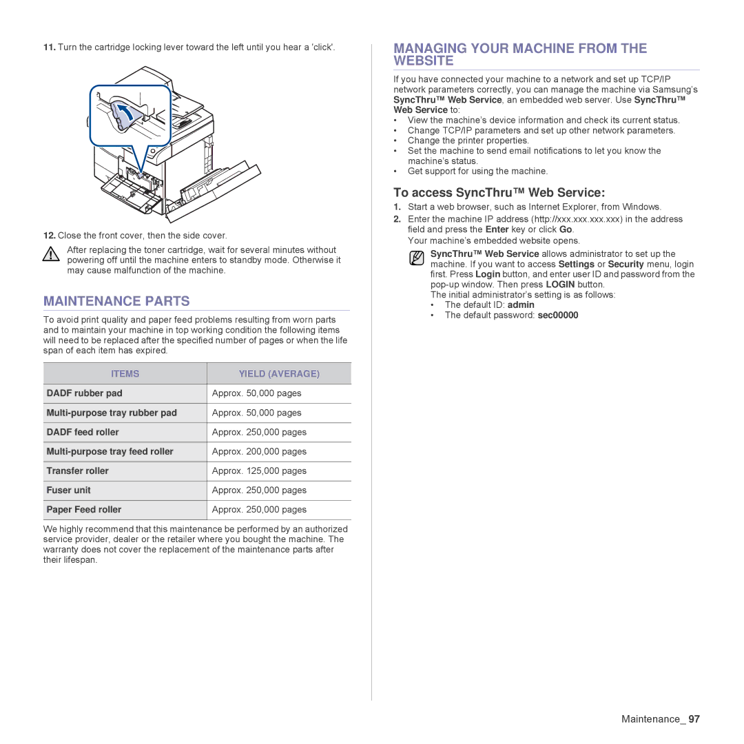 Samsung SCX-6555N Series manual Maintenance Parts, Managing Your Machine from the Website, To access SyncThru Web Service 