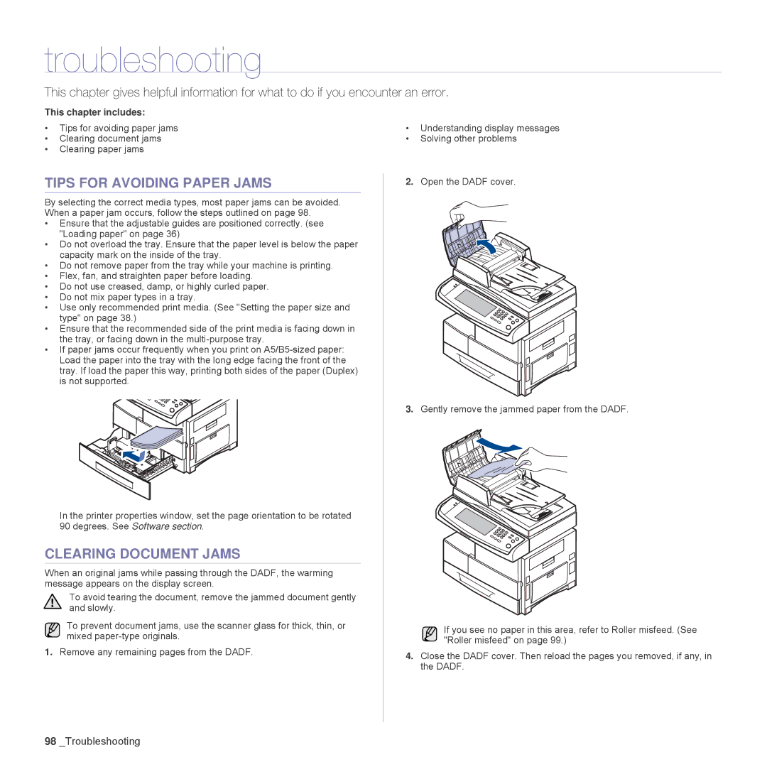 Samsung SCX-6555N Series manual Troubleshooting, Tips for Avoiding Paper Jams, Clearing Document Jams 