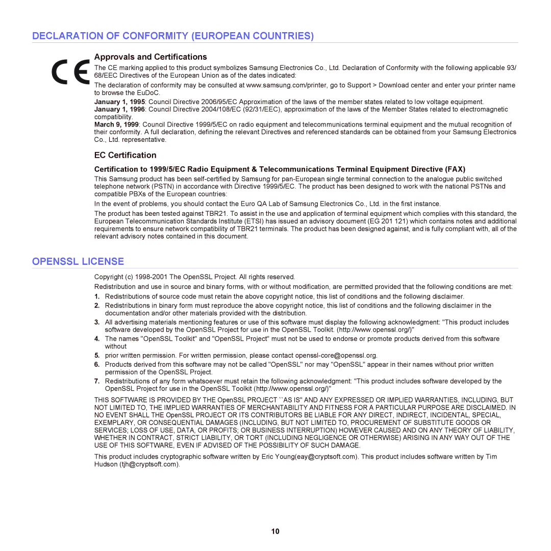 Samsung SCX-6555NX manual Declaration of Conformity European Countries, Openssl License, Approvals and Certifications 