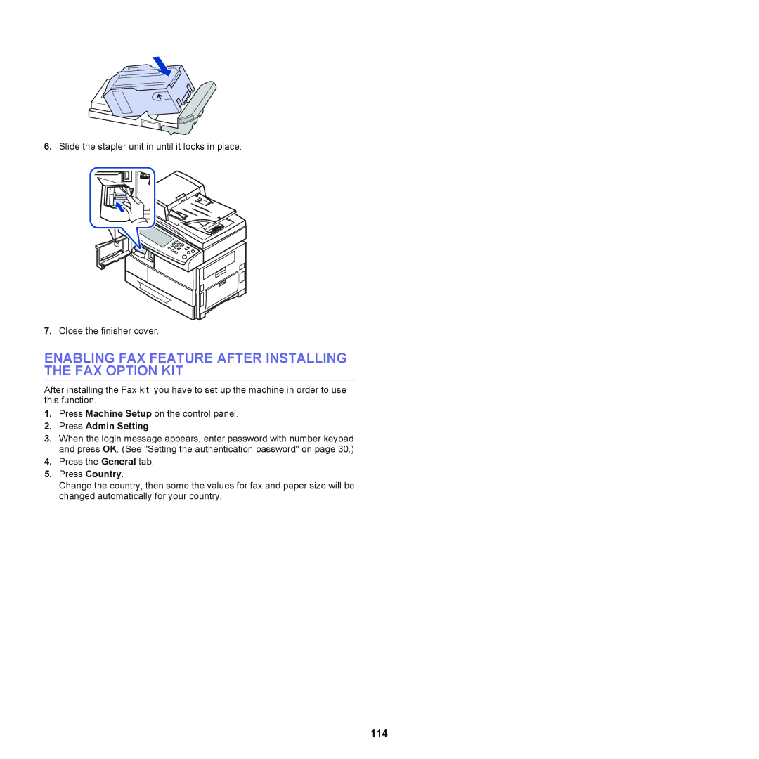 Samsung SCX-6555NX manual Enabling FAX Feature After Installing the FAX Option KIT, 114 