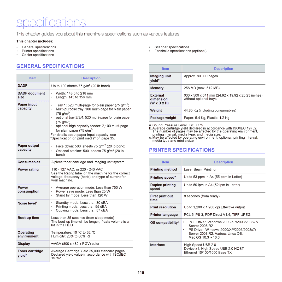 Samsung SCX-6555NX manual General Specifications, Printer Specifications, 115 