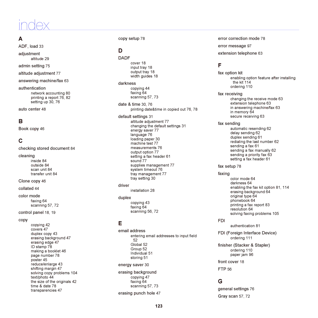 Samsung SCX-6555NX manual Index, 123 