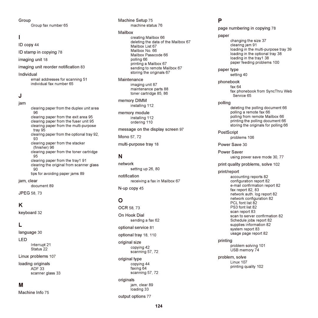 Samsung SCX-6555NX manual Jam, 124 