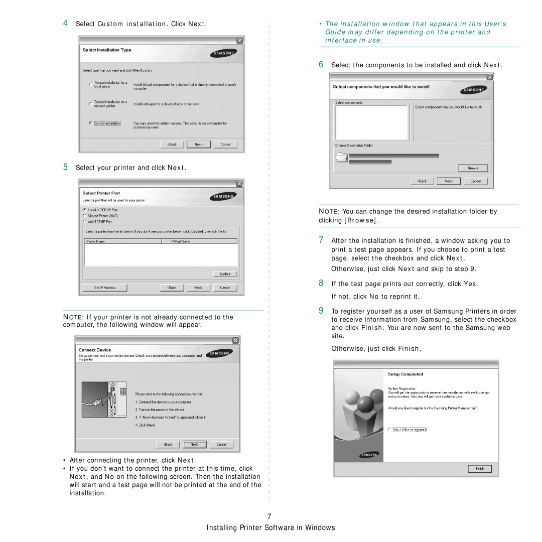 Samsung SCX-6555NX manual Select Custom installation. Click Next, Select the components to be installed and click Next 