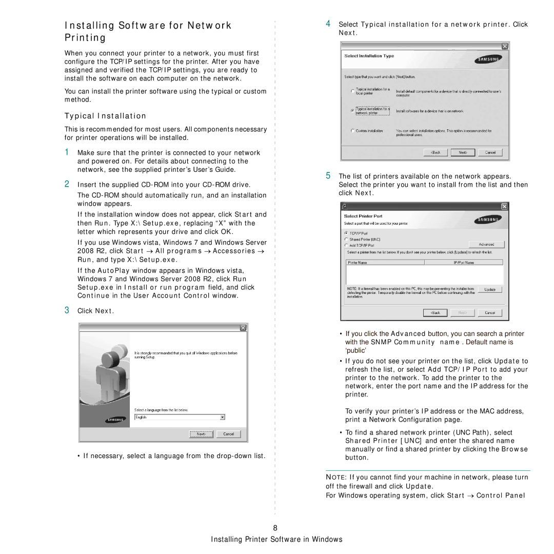 Samsung SCX-6555NX manual Installing Software for Network Printing 