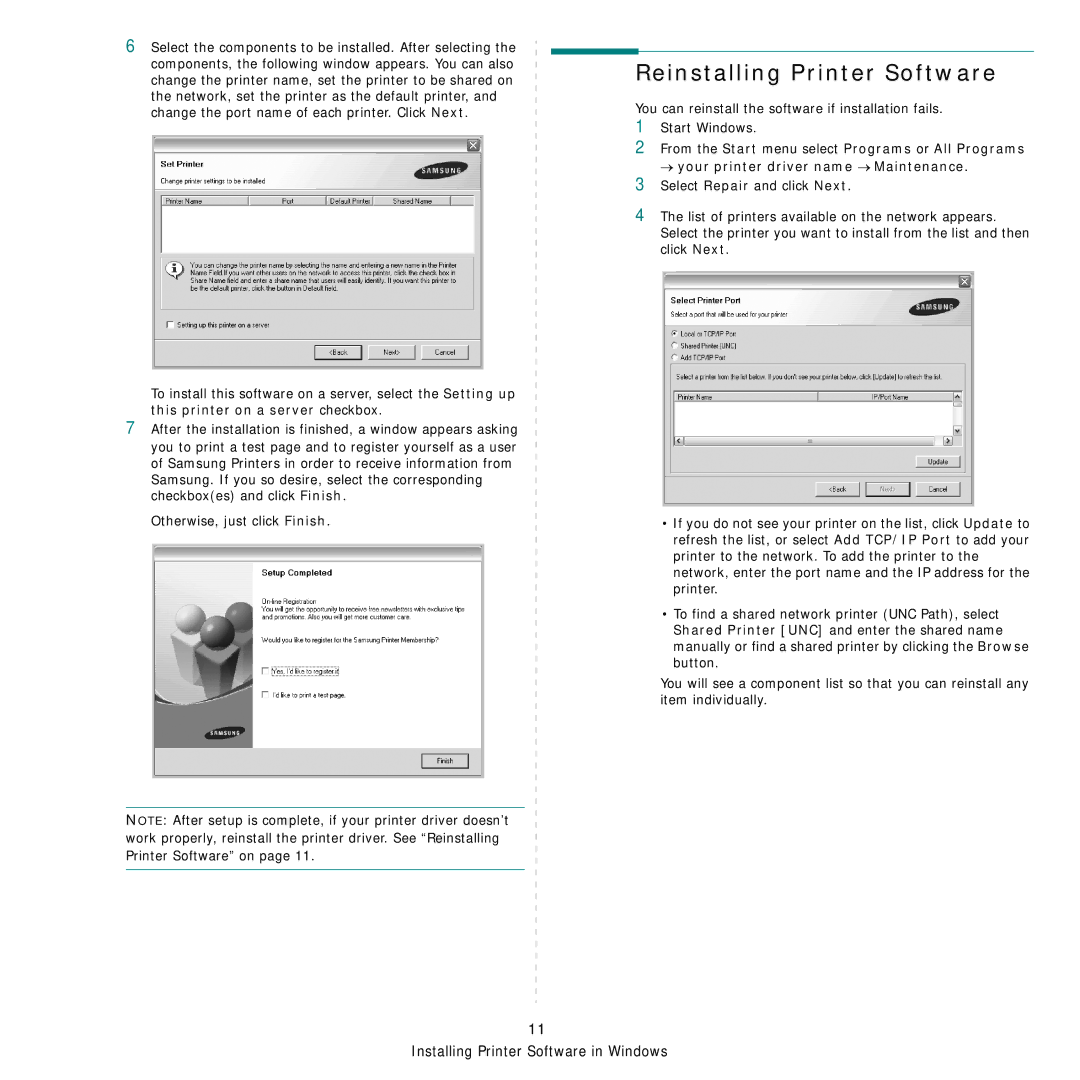 Samsung SCX-6555NX manual Reinstalling Printer Software 