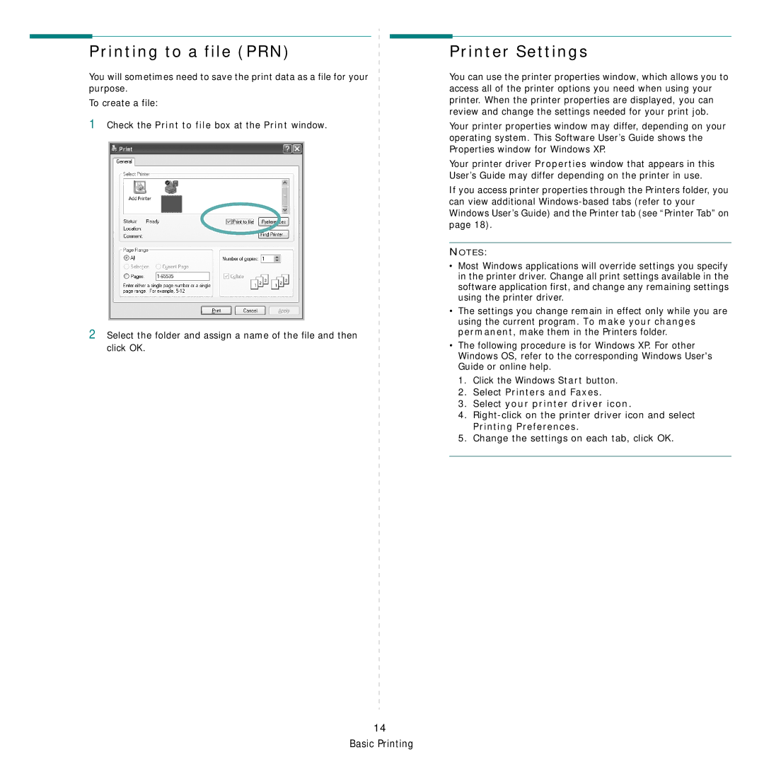 Samsung SCX-6555NX Printing to a file PRN, Printer Settings, Select Printers and Faxes Select your printer driver icon 