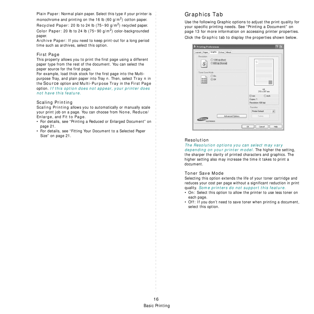 Samsung SCX-6555NX manual Graphics Tab, First 