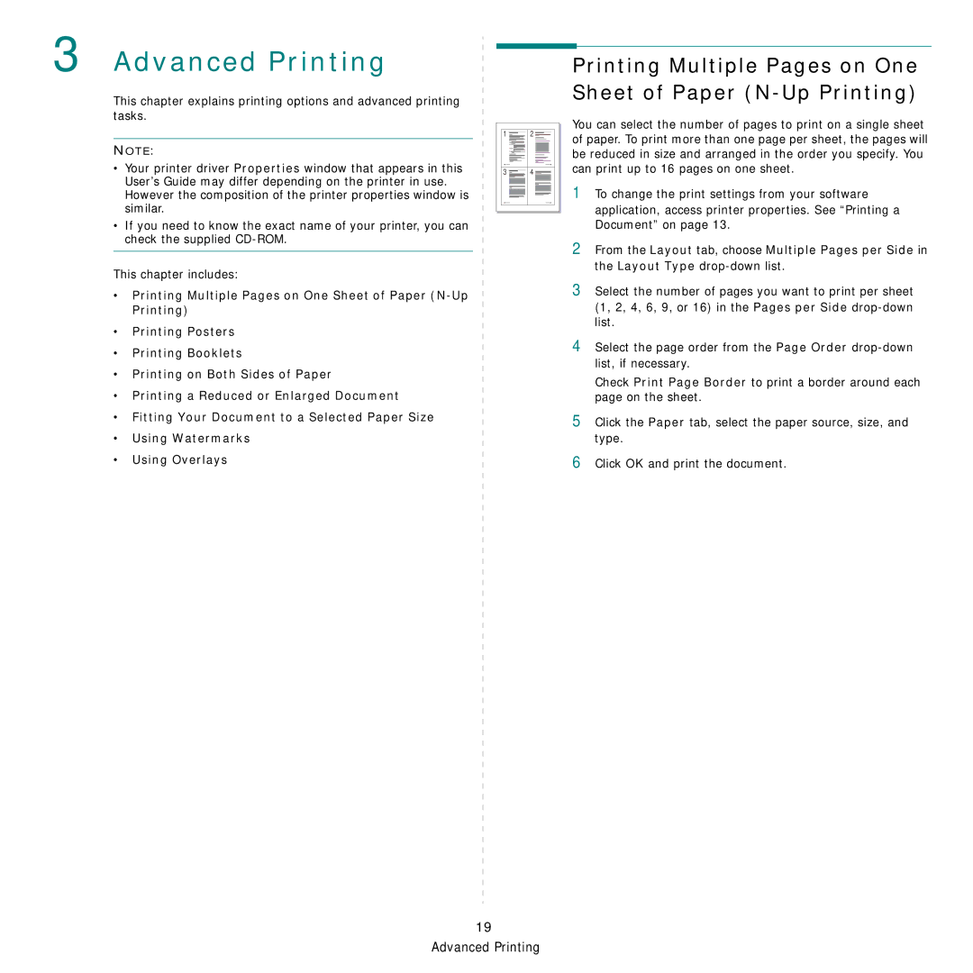 Samsung SCX-6555NX manual Advanced Printing, Printing Multiple Pages on One Sheet of Paper N-Up Printing 