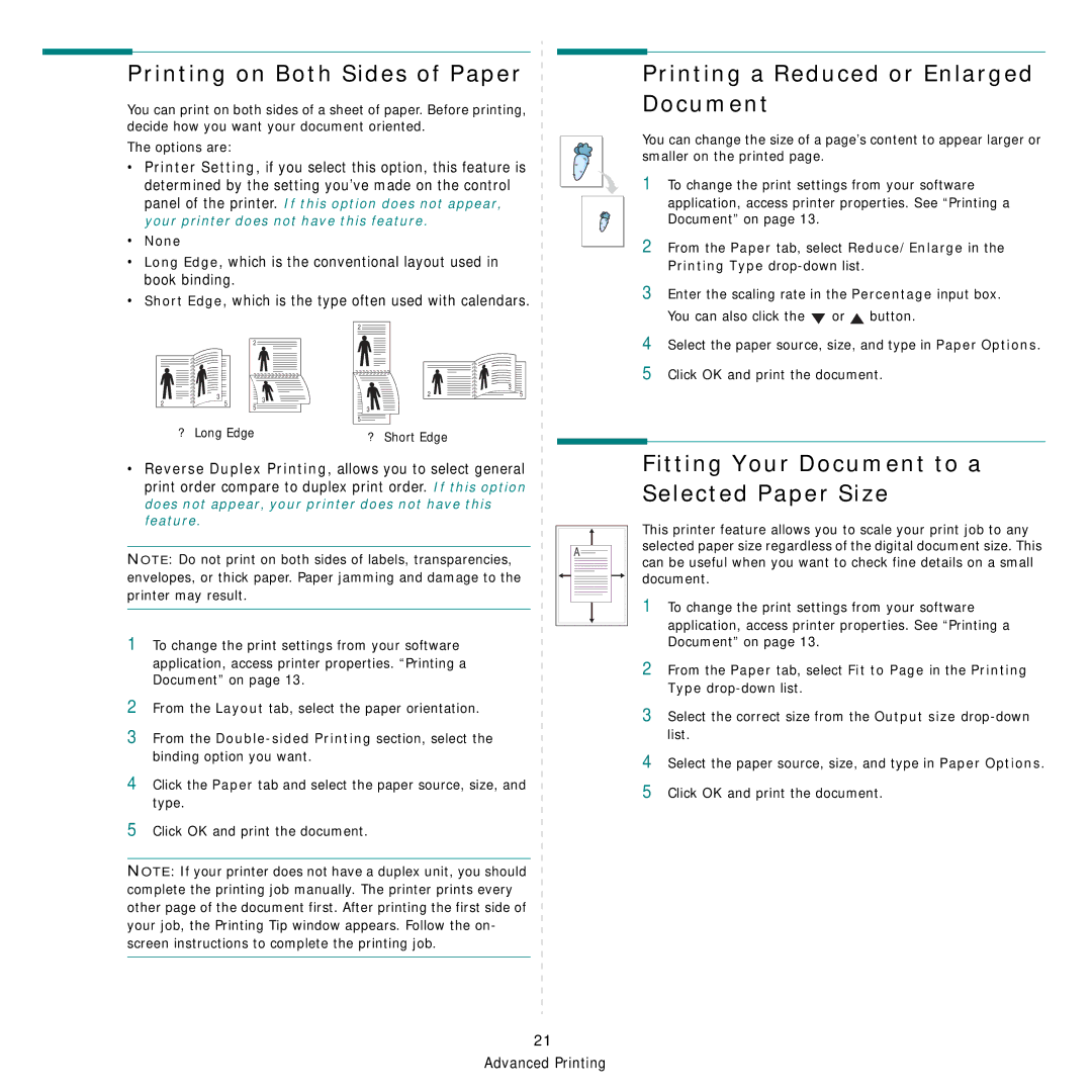 Samsung SCX-6555NX manual Printing on Both Sides of Paper, Printing a Reduced or Enlarged Document, None 