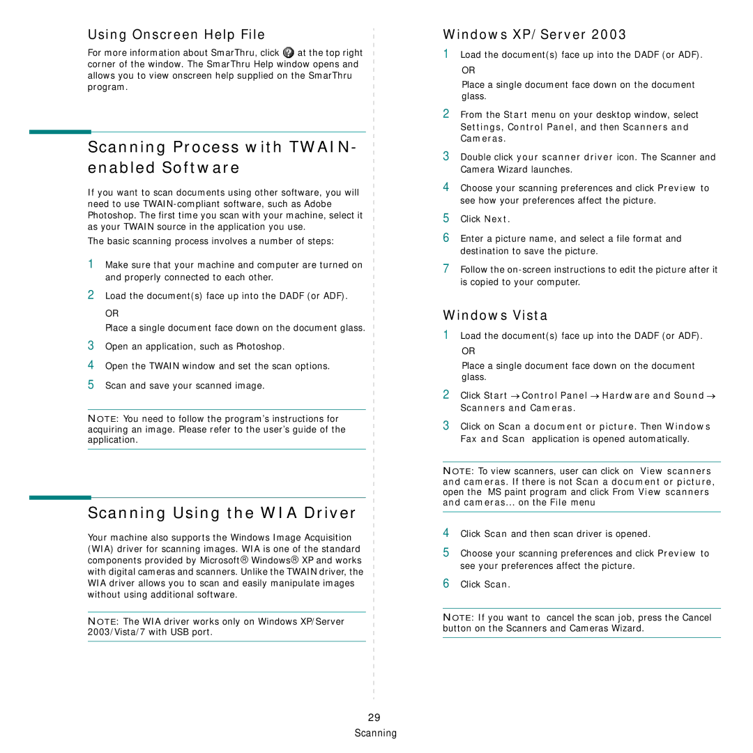 Samsung SCX-6555NX Scanning Process with TWAIN- enabled Software, Scanning Using the WIA Driver, Using Onscreen Help File 