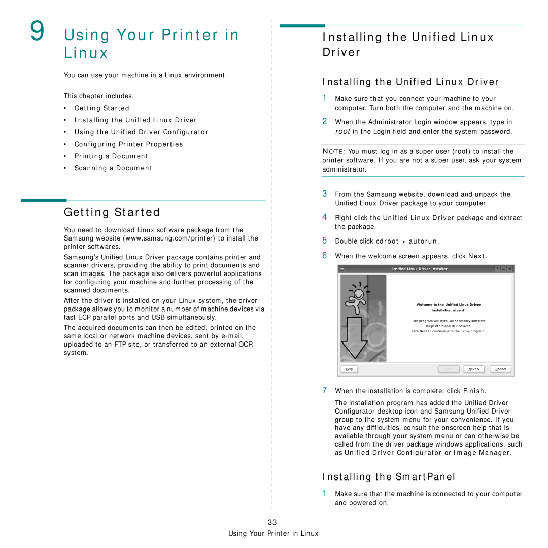 Samsung SCX-6555NX manual Getting Started, Installing the Unified Linux Driver, Installing the SmartPanel 