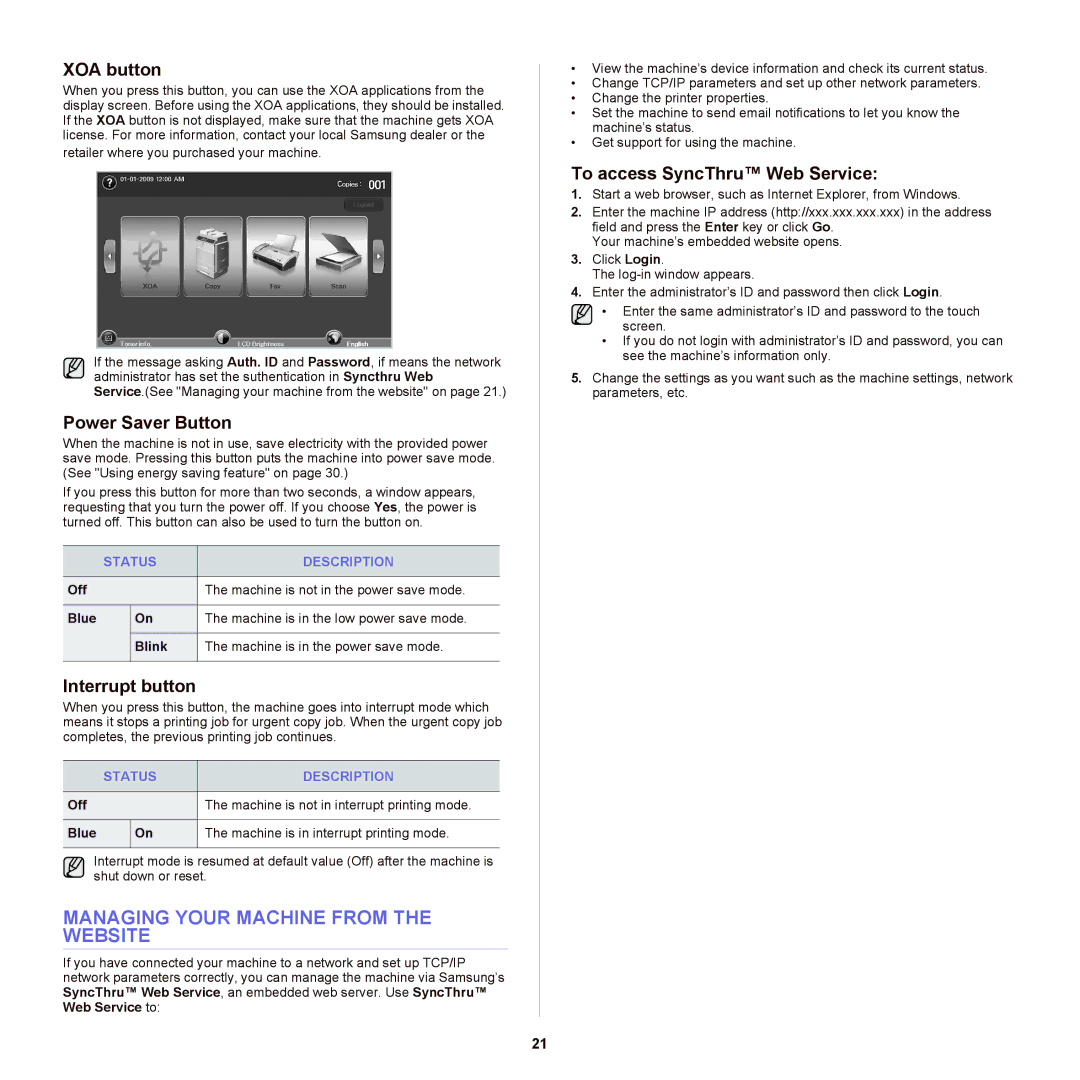 Samsung SCX-6555NX manual Managing Your Machine from the Website, XOA button, Power Saver Button, Interrupt button 
