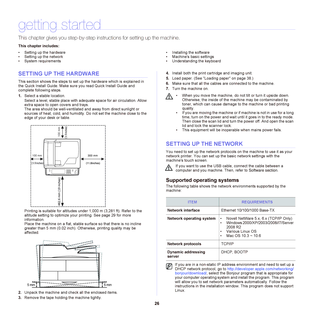 Samsung SCX-6555NX manual Getting started, Setting UP the Hardware, Setting UP the Network, Supported operating systems 