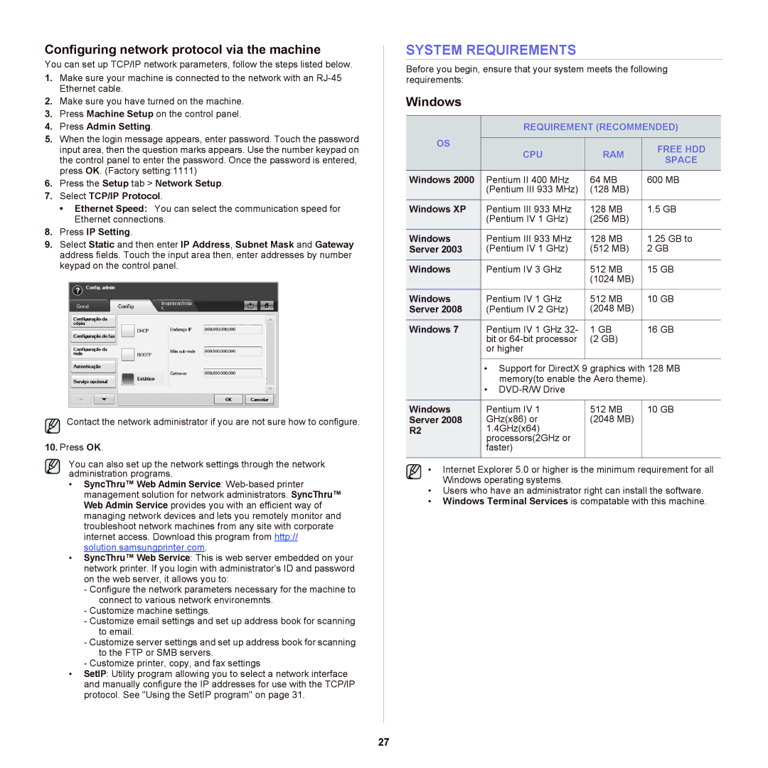 Samsung SCX-6555NX System Requirements, Configuring network protocol via the machine, Windows, Requirement Recommended 