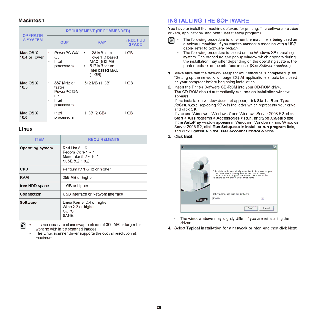 Samsung SCX-6555NX manual Installing the Software, Macintosh, Linux 