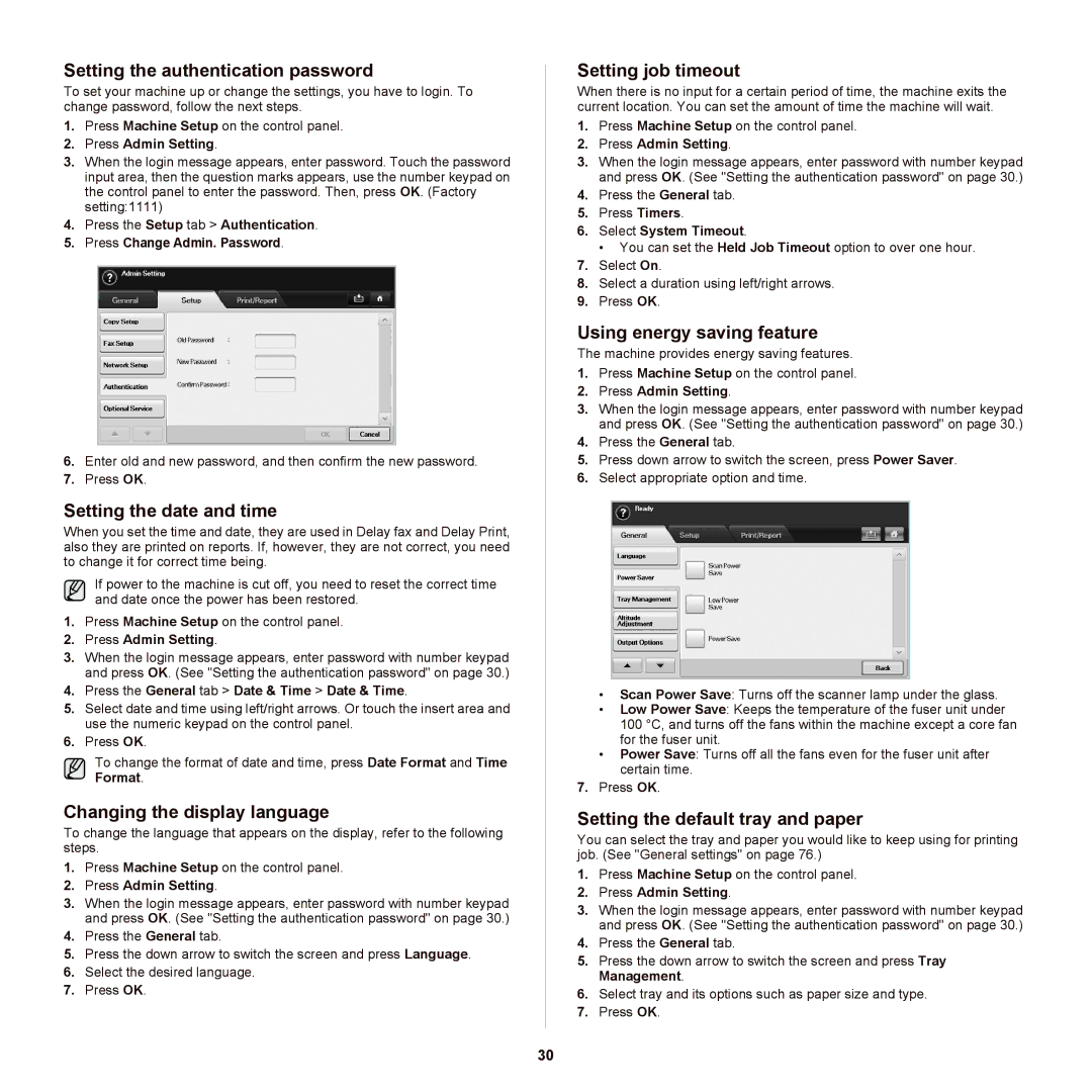 Samsung SCX-6555NX manual Setting the authentication password, Setting the date and time, Changing the display language 