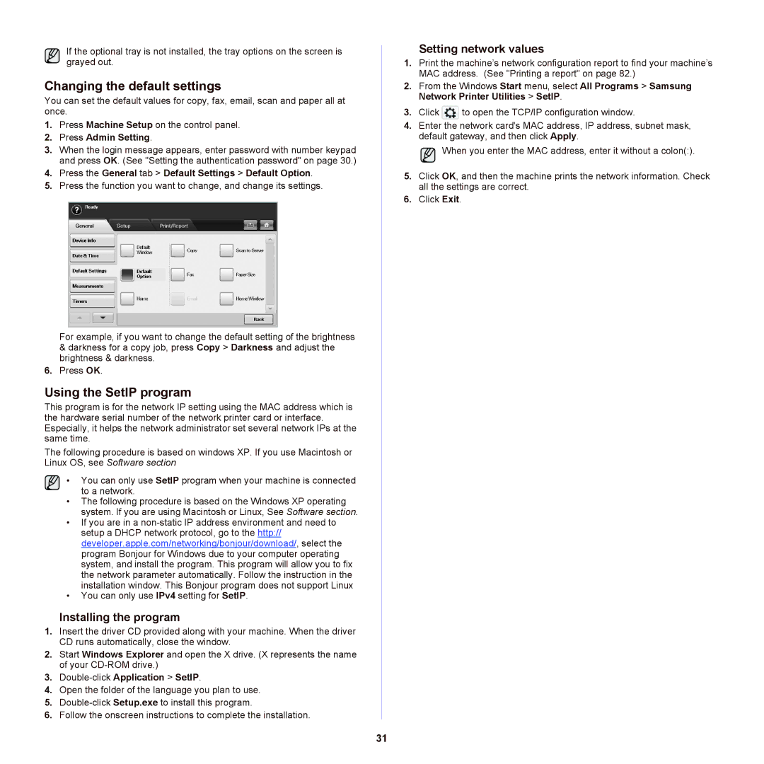 Samsung SCX-6555NX Changing the default settings, Using the SetIP program, Installing the program, Setting network values 