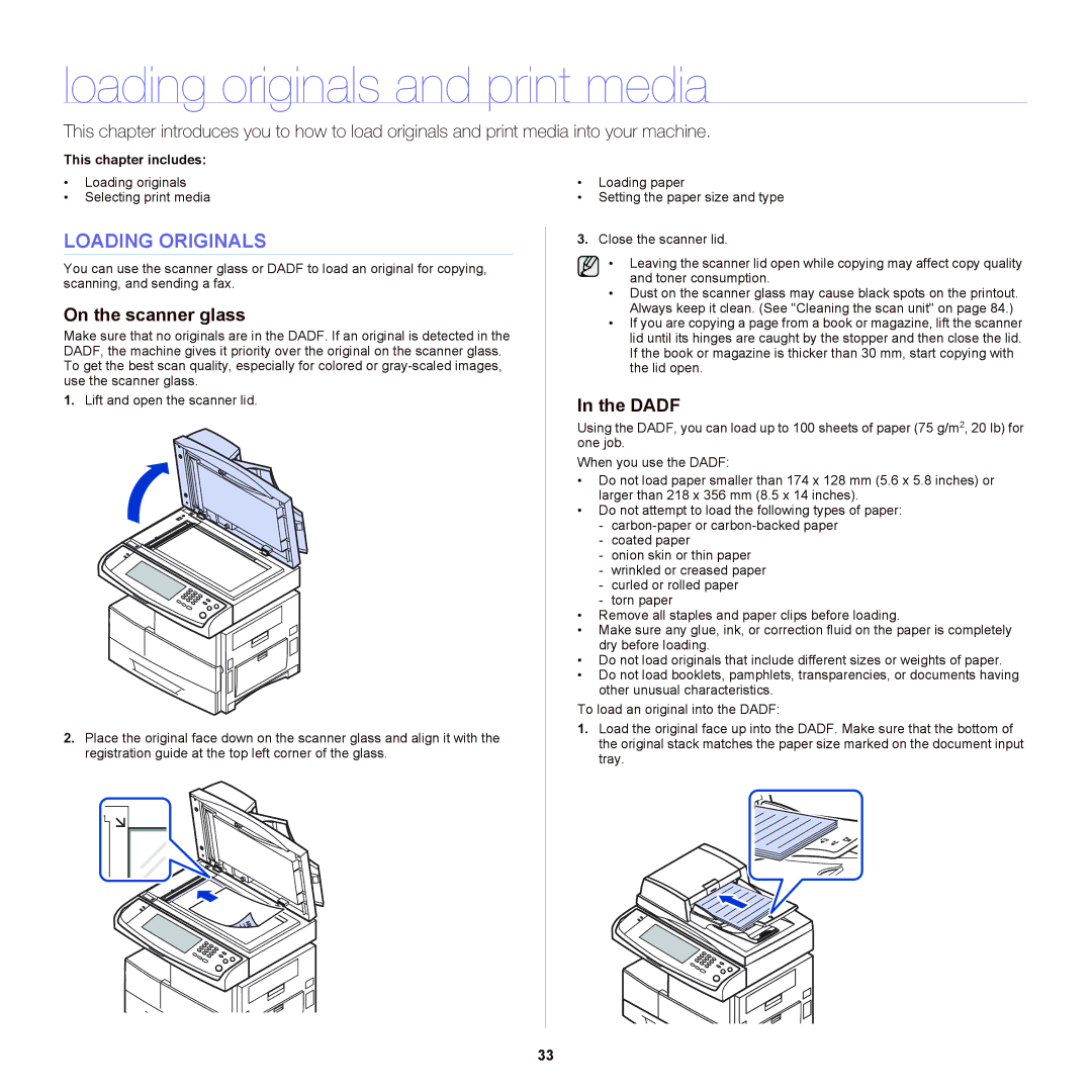 Samsung SCX-6555NX manual Loading originals and print media, Loading Originals, On the scanner glass, Dadf 