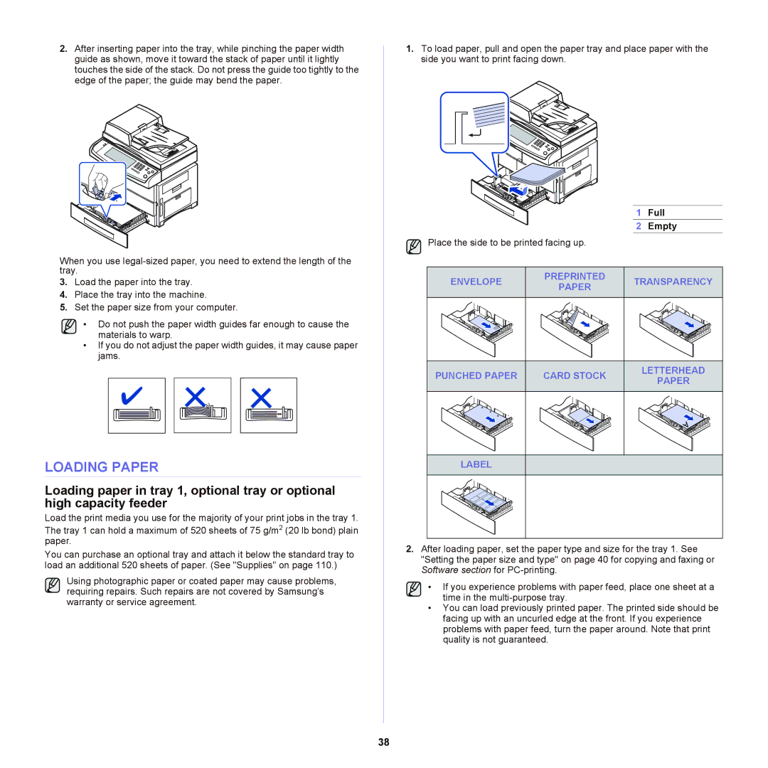 Samsung SCX-6555NX manual Loading Paper, Full Empty 