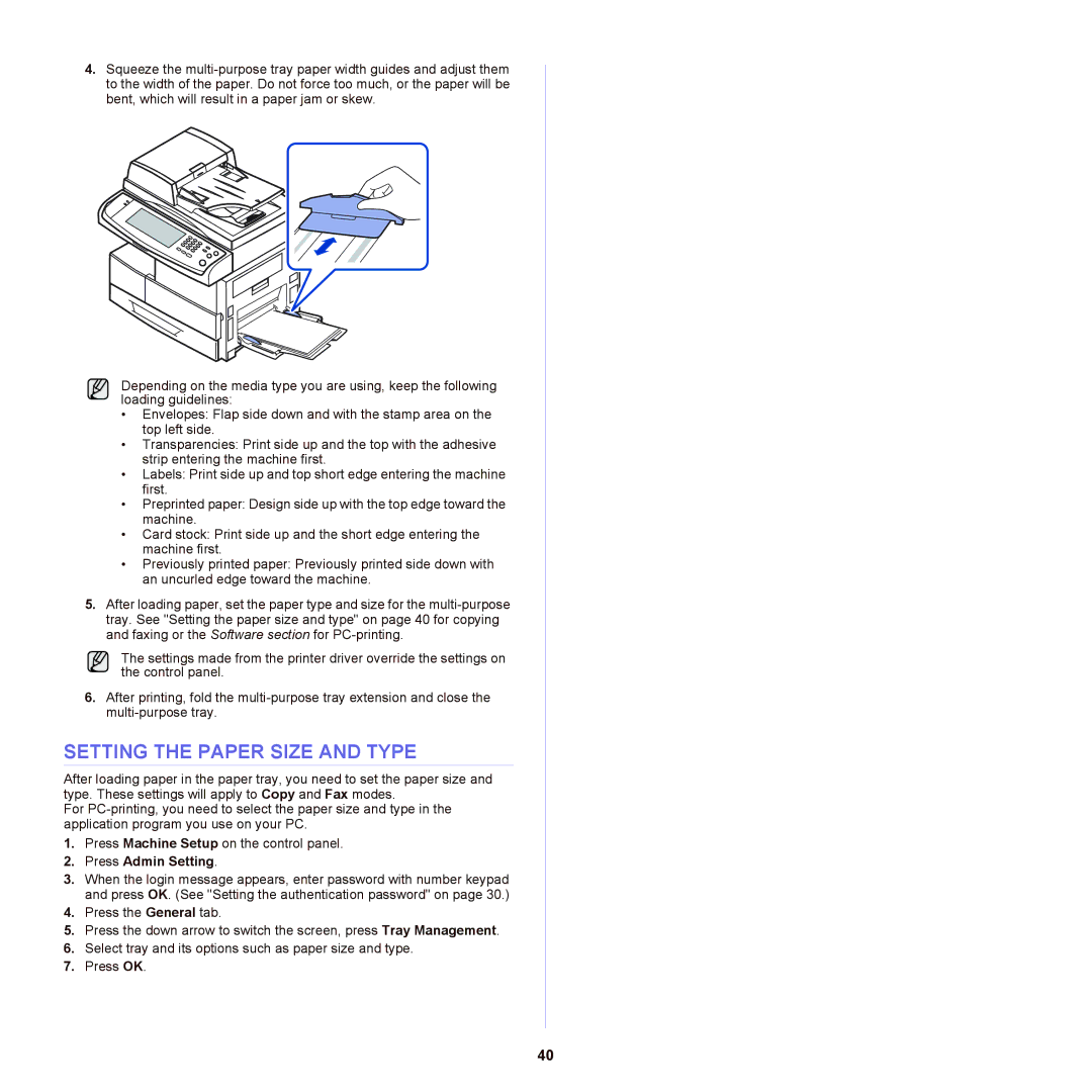 Samsung SCX-6555NX manual Setting the Paper Size and Type, Press Admin Setting 