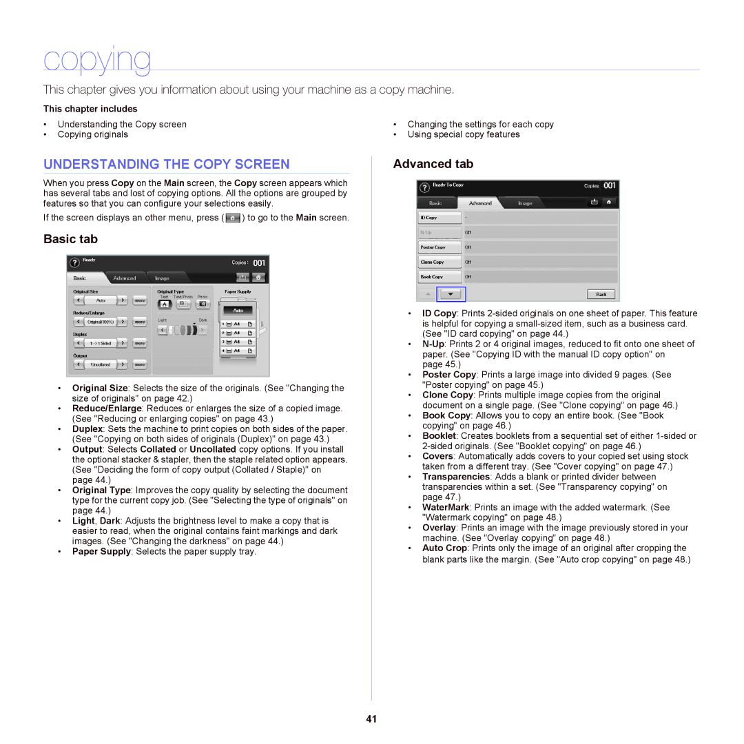 Samsung SCX-6555NX manual Copying, Understanding the Copy Screen, Basic tab, Advanced tab 