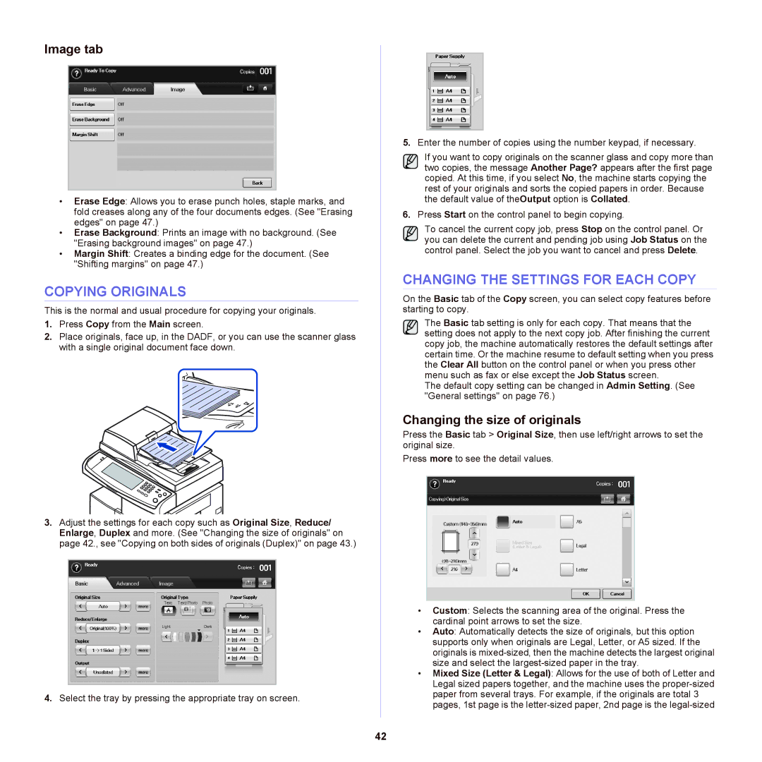 Samsung SCX-6555NX manual Copying Originals, Changing the Settings for Each Copy, Image tab, Changing the size of originals 