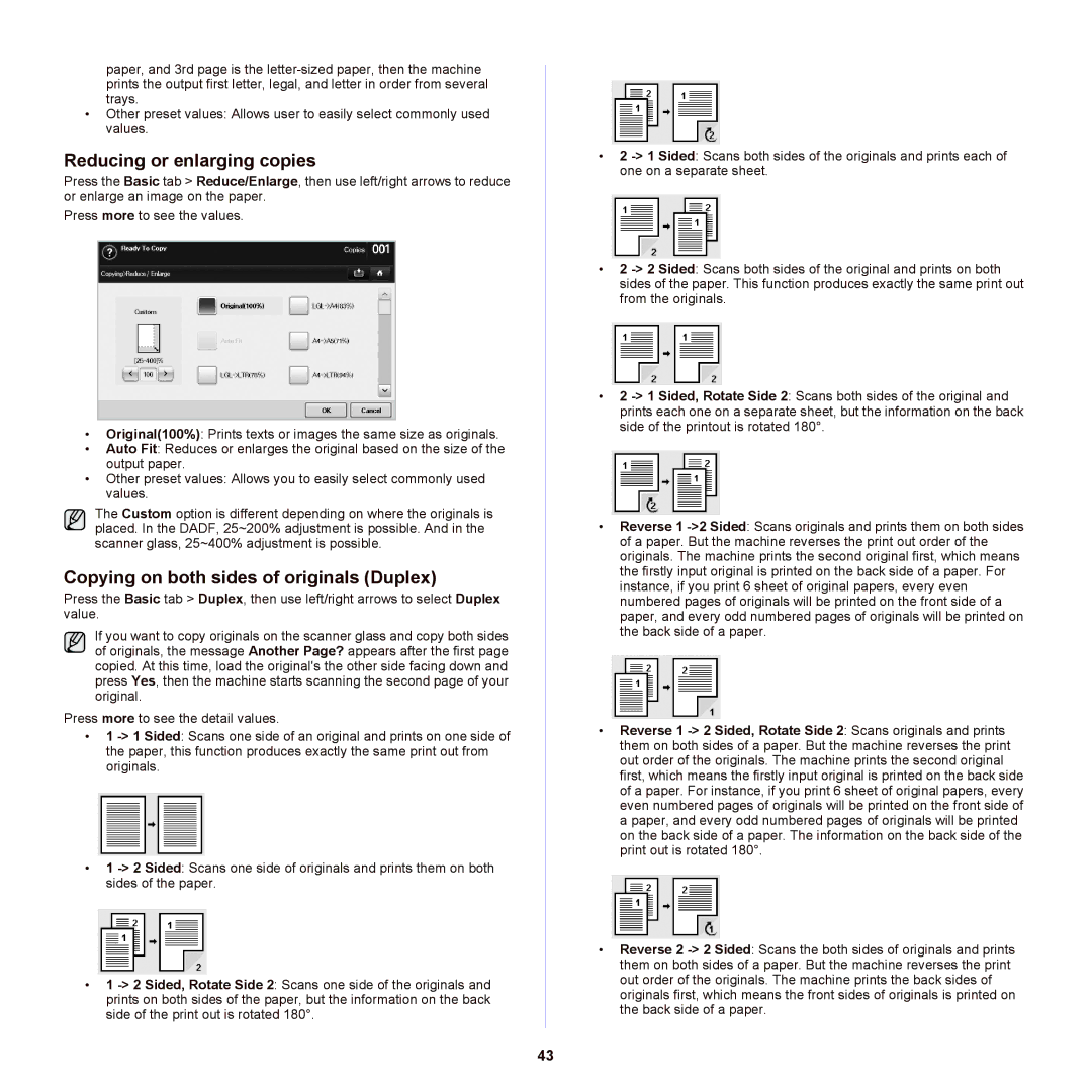 Samsung SCX-6555NX manual Reducing or enlarging copies, Copying on both sides of originals Duplex 