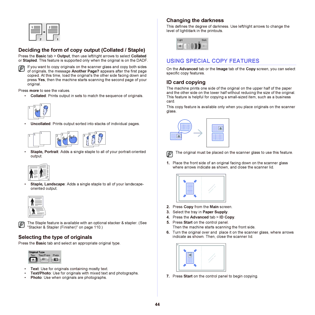 Samsung SCX-6555NX Using Special Copy Features, Deciding the form of copy output Collated / Staple, Changing the darkness 